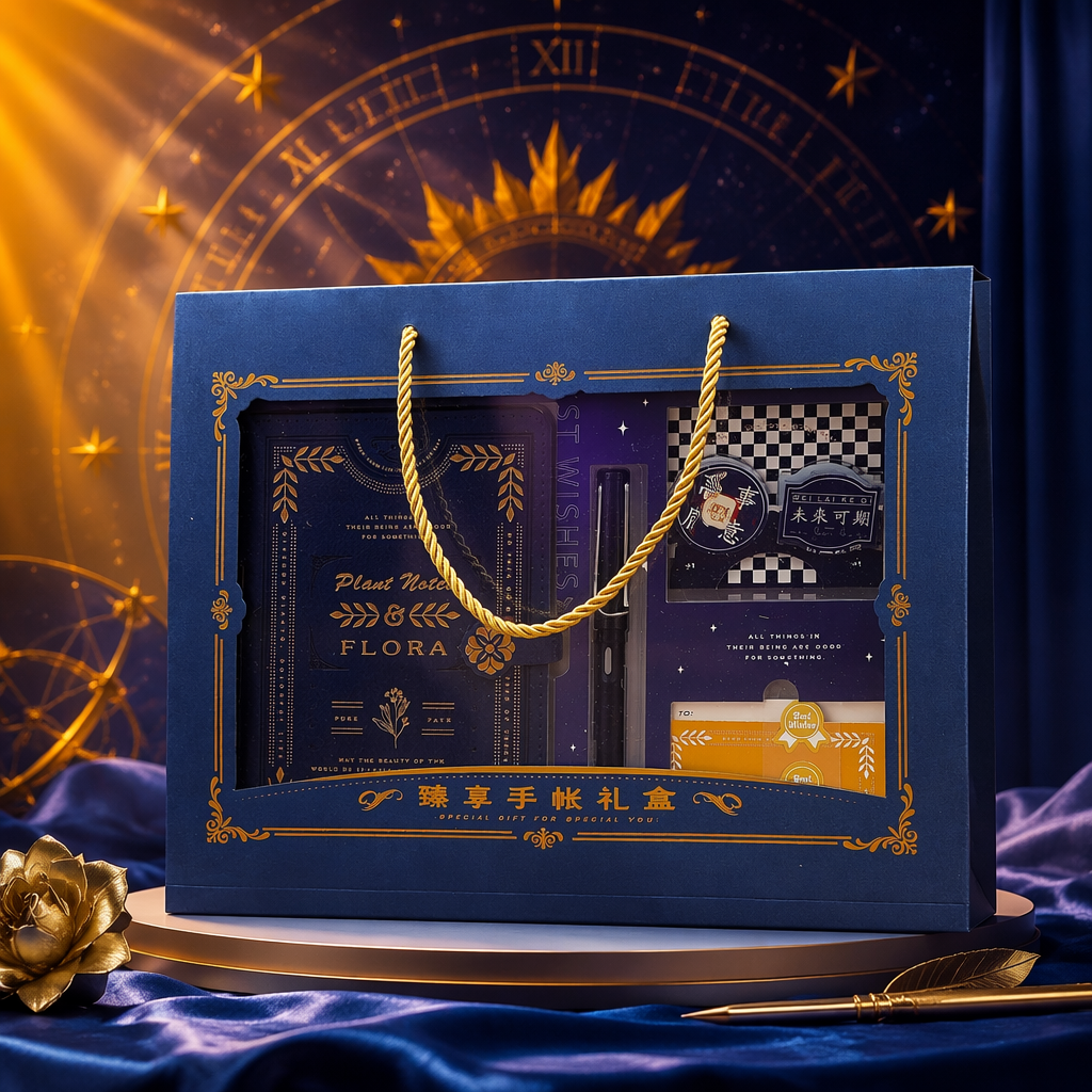A dark blue hand-held gift box set of notebooks, pens, stickers, cards and stationery Specification image