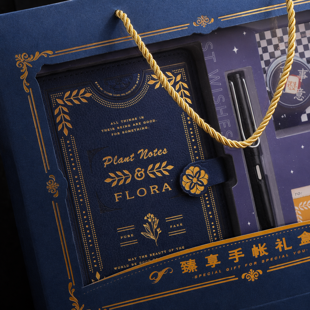 A dark blue hand-held gift box set of notebooks, pens, stickers, cards and stationery Application Scenario
