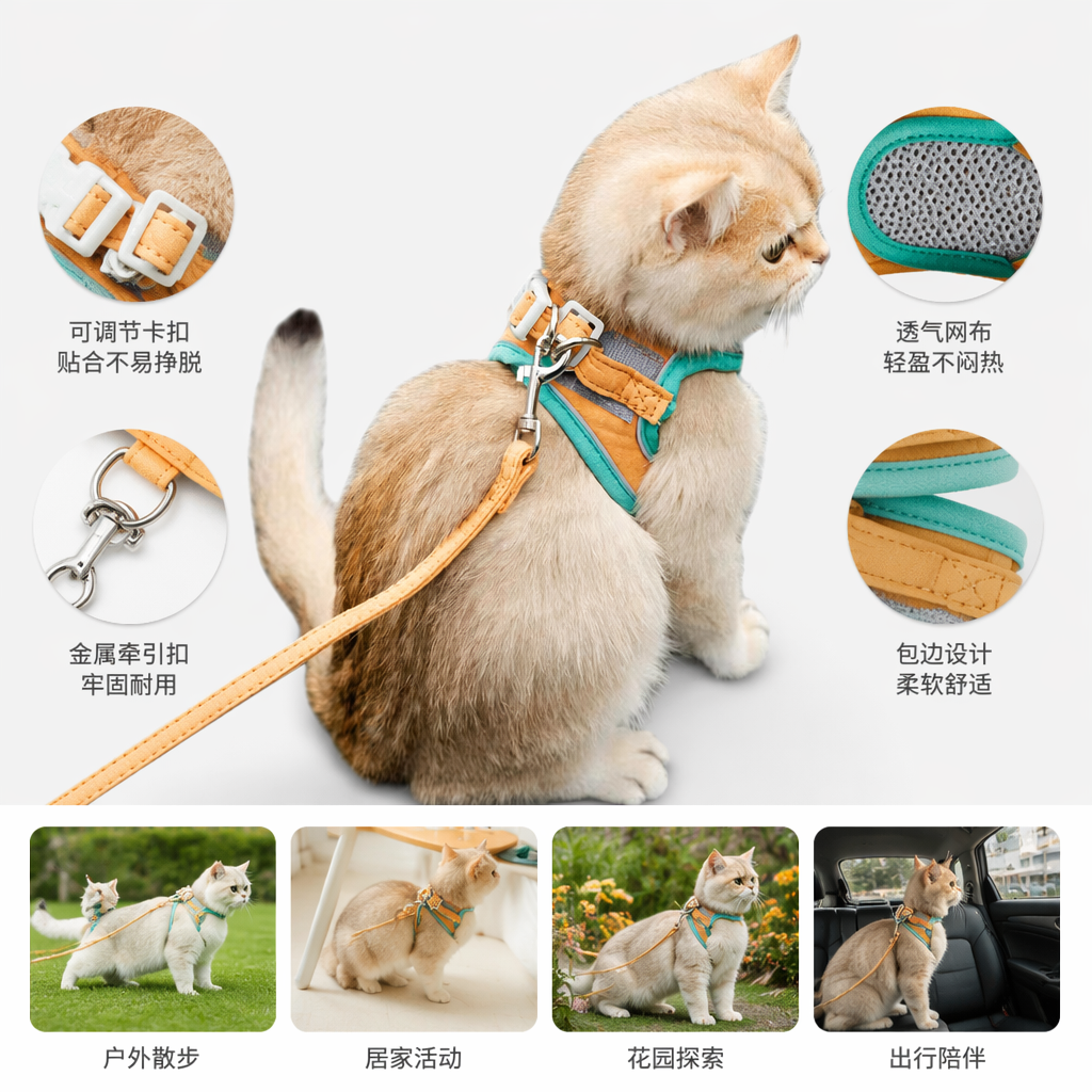 橙色猫咪专用绿橙相间胸背带牵引绳宠物外出装备