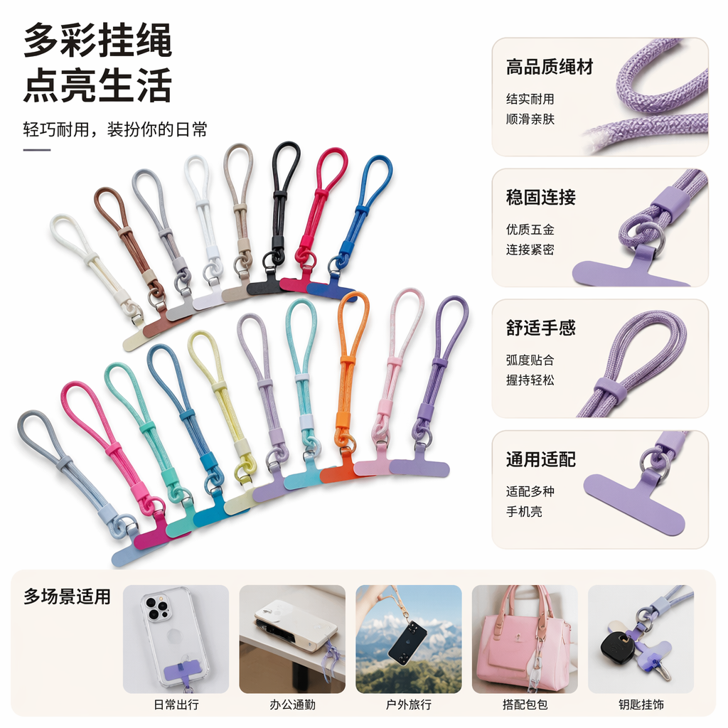 彩色绳编手机挂绳 时尚个性防丢手链式挂饰