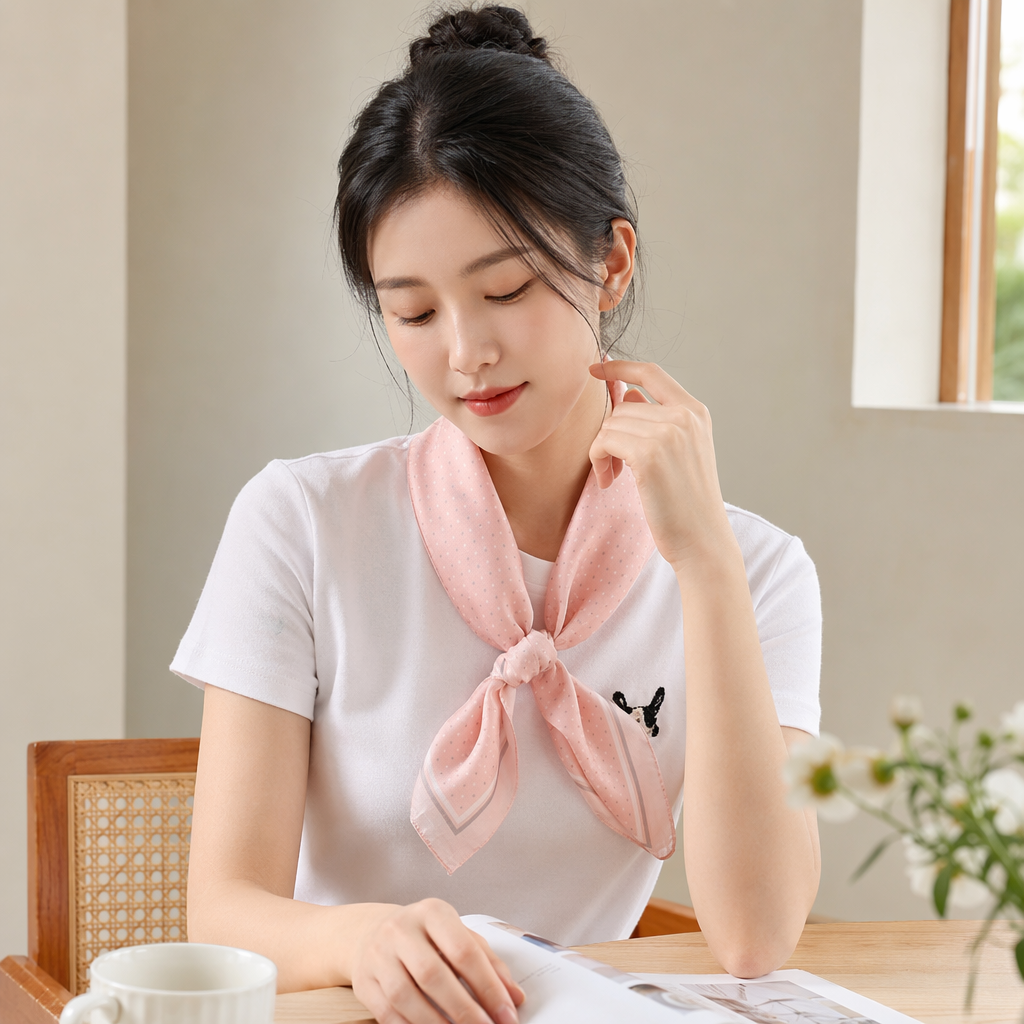 Pink polka dot silk scarf is a versatile and fashionable accessory for women in spring and summer details Picture