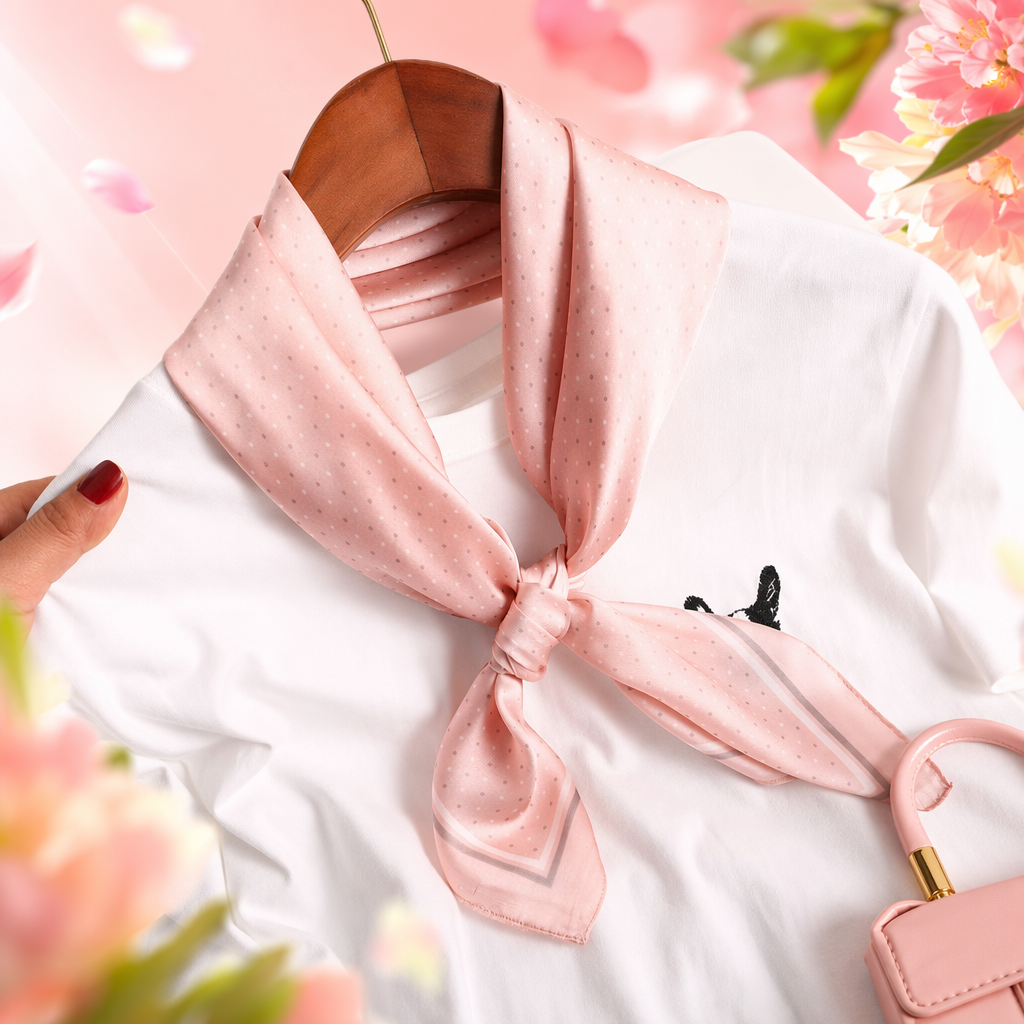 Pink polka dot silk scarf is a versatile and fashionable accessory for women in spring and summer Specification image