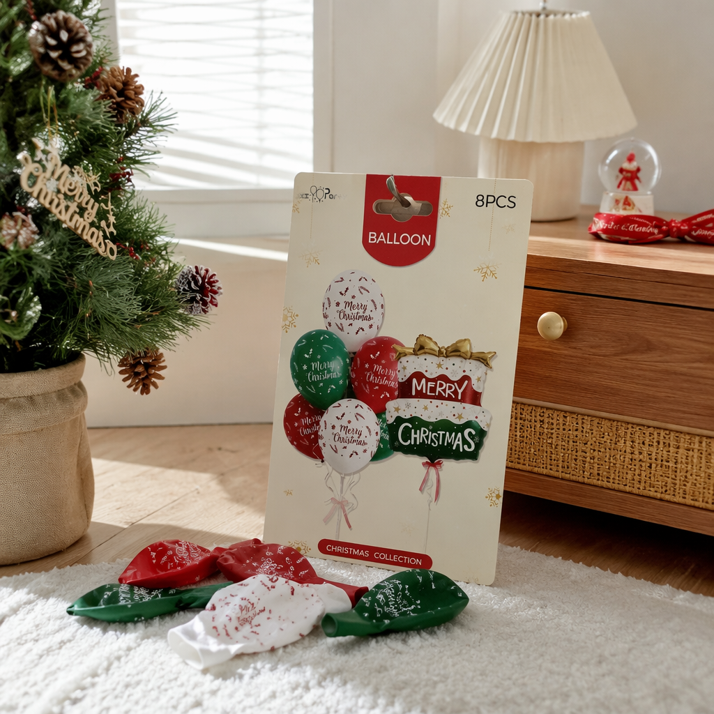Christmas-themed balloon set in red, green and white, Merry Christmas, snowflake, Holly and golden bow details Picture