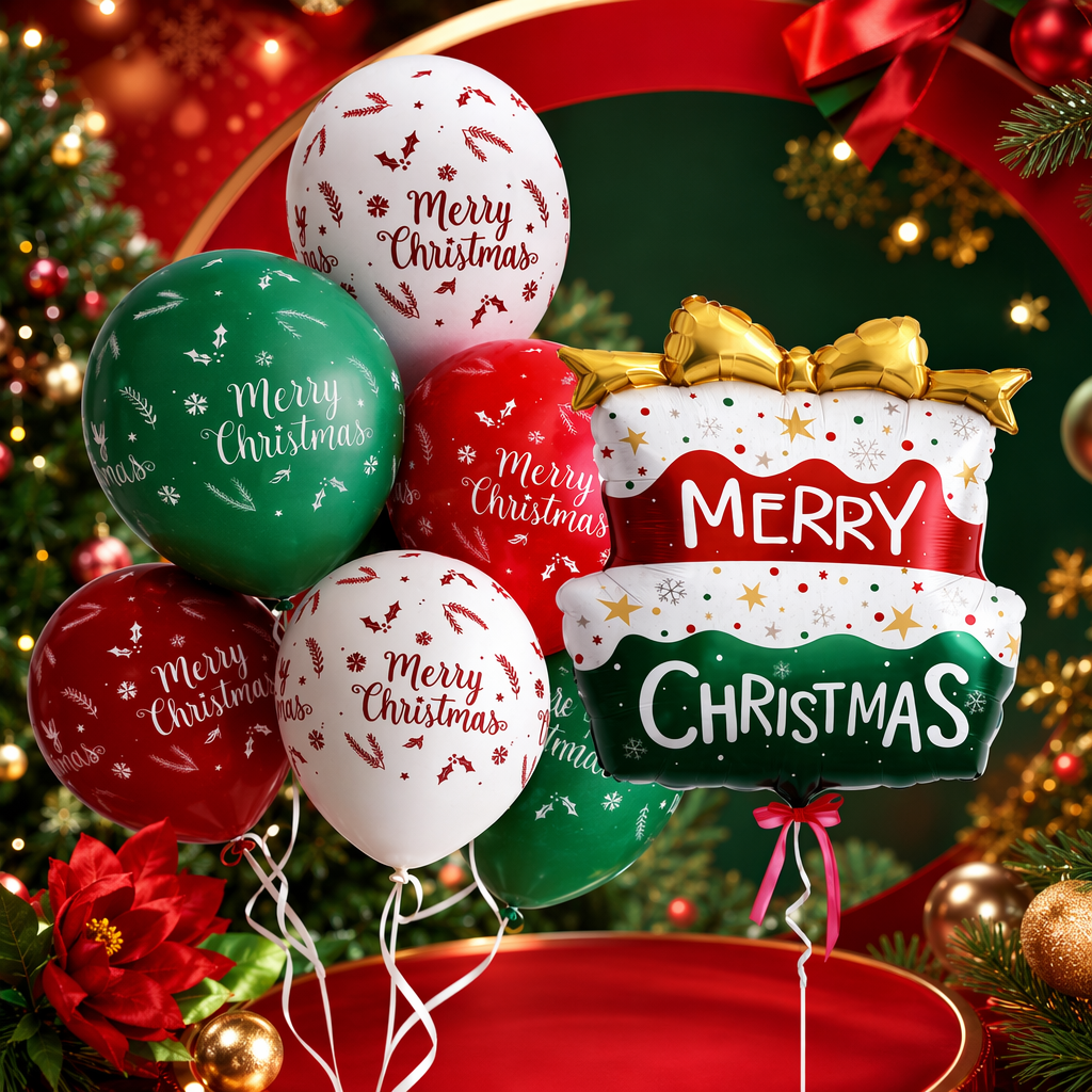 Christmas-themed balloon set in red, green and white, Merry Christmas, snowflake, Holly and golden bow Specification image