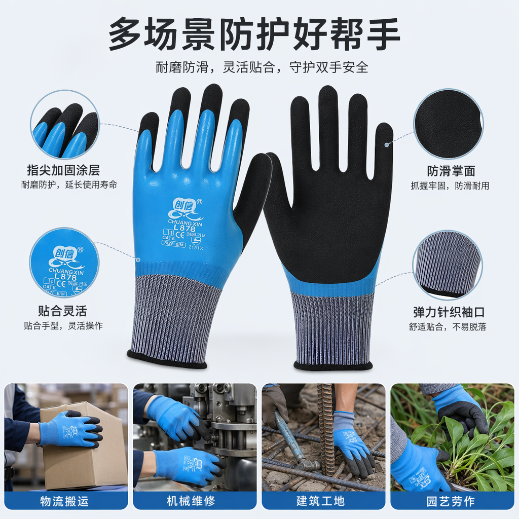 Blue and black double-layer impregnated anti-slip and wear-resistant labor protection gloves