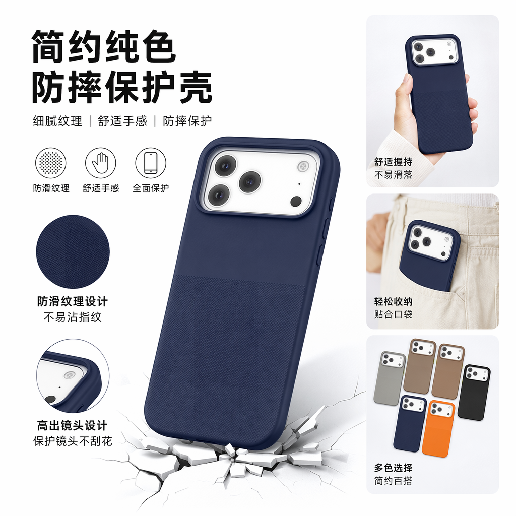 iPhone 17 Pro Max五色纹理手机壳 灰棕黑蓝橙 白色透明镜头框