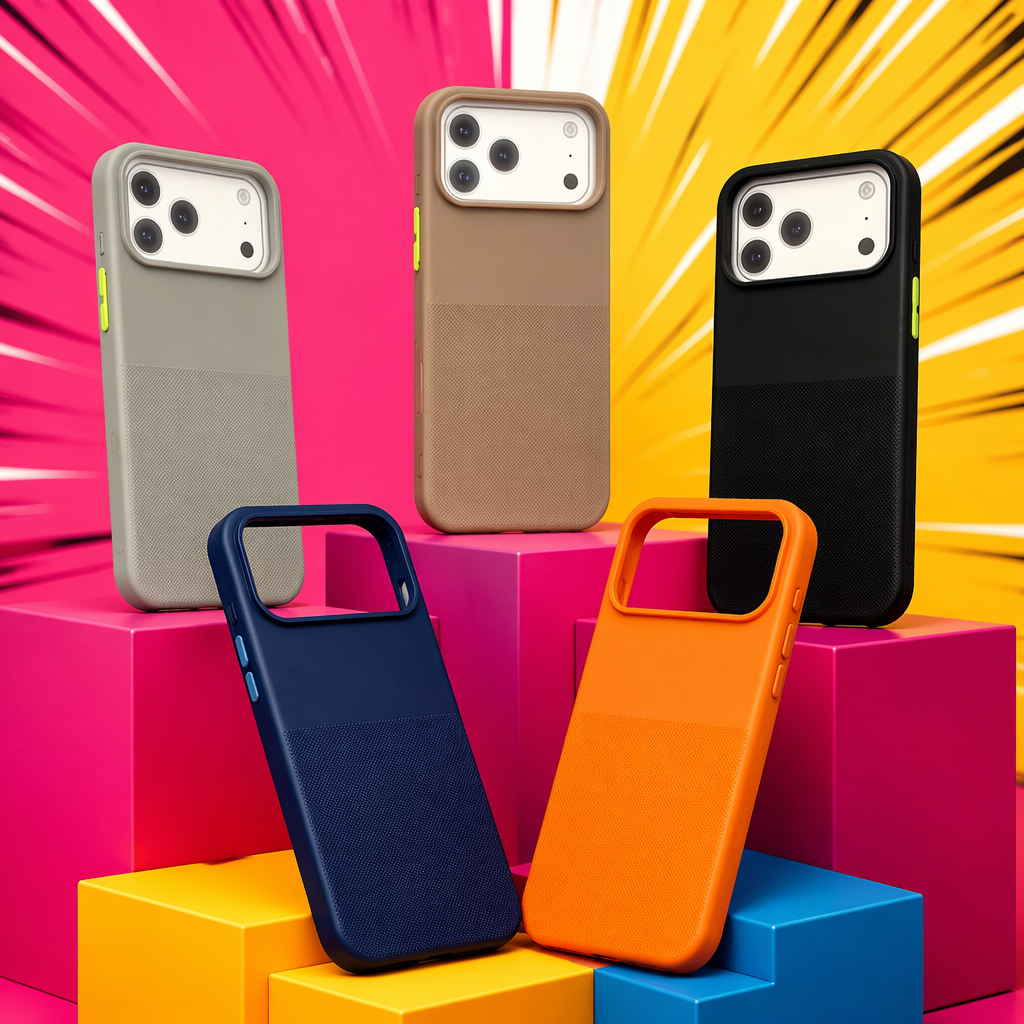 iPhone 17 Pro Max five-color textured phone case gray, brown, black, blue, orange, white transparent lens frame Specification image