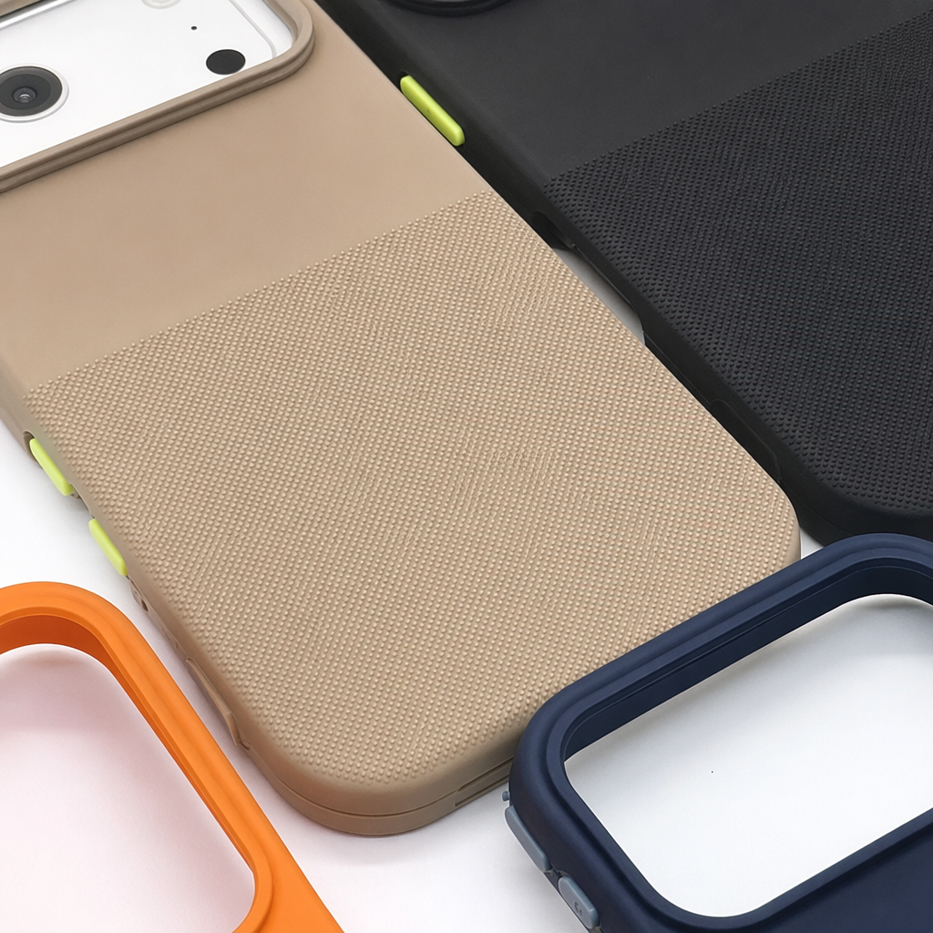iPhone 17 Pro Max five-color textured phone case gray, brown, black, blue, orange, white transparent lens frame Application Scenario