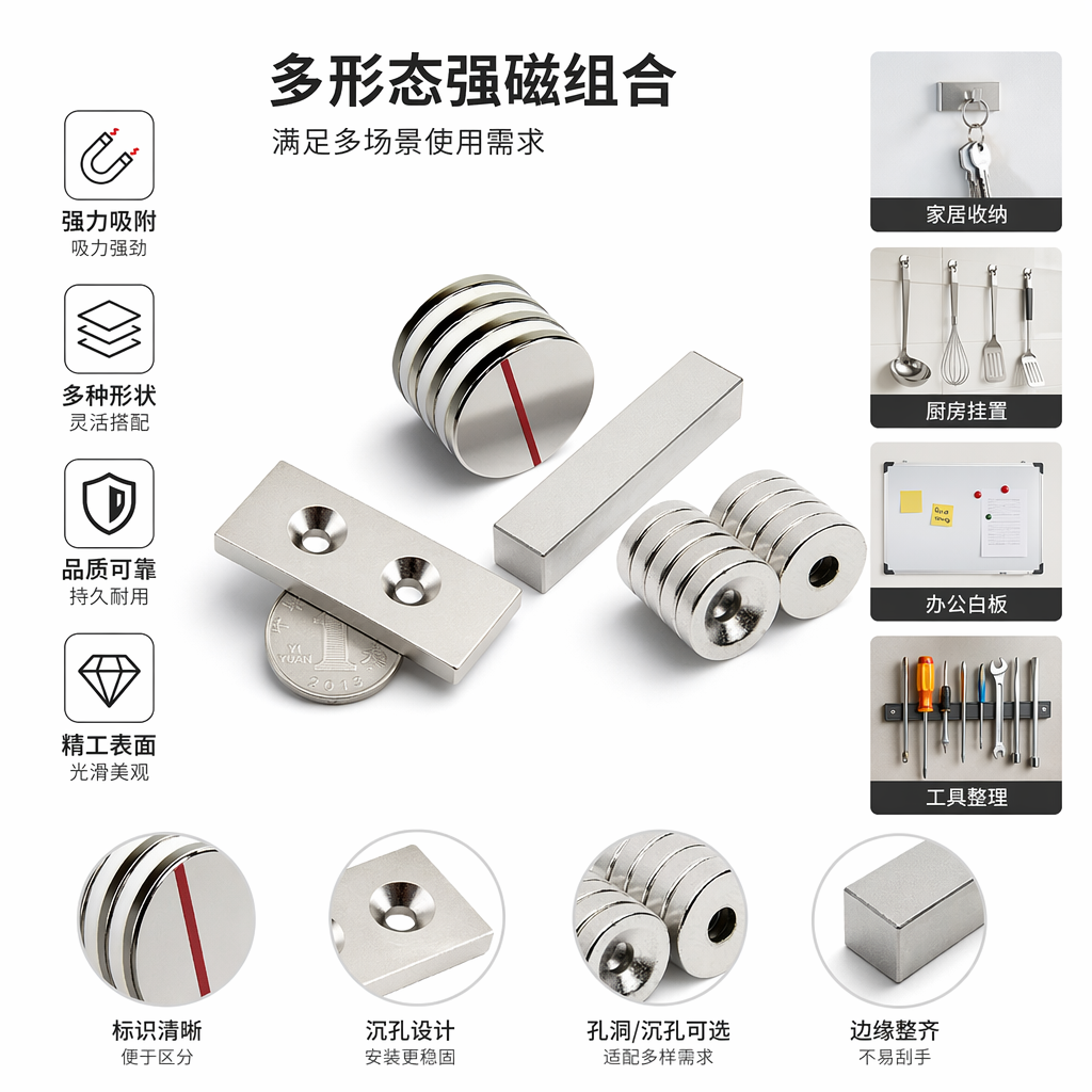 银色磁铁组合体 多功能强力吸附磁性配件