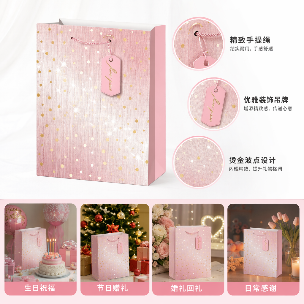 Rosa gradient gold dot bolsa de regalo portátil bolsa de regalo de boda bolsa de embalaje de fiesta