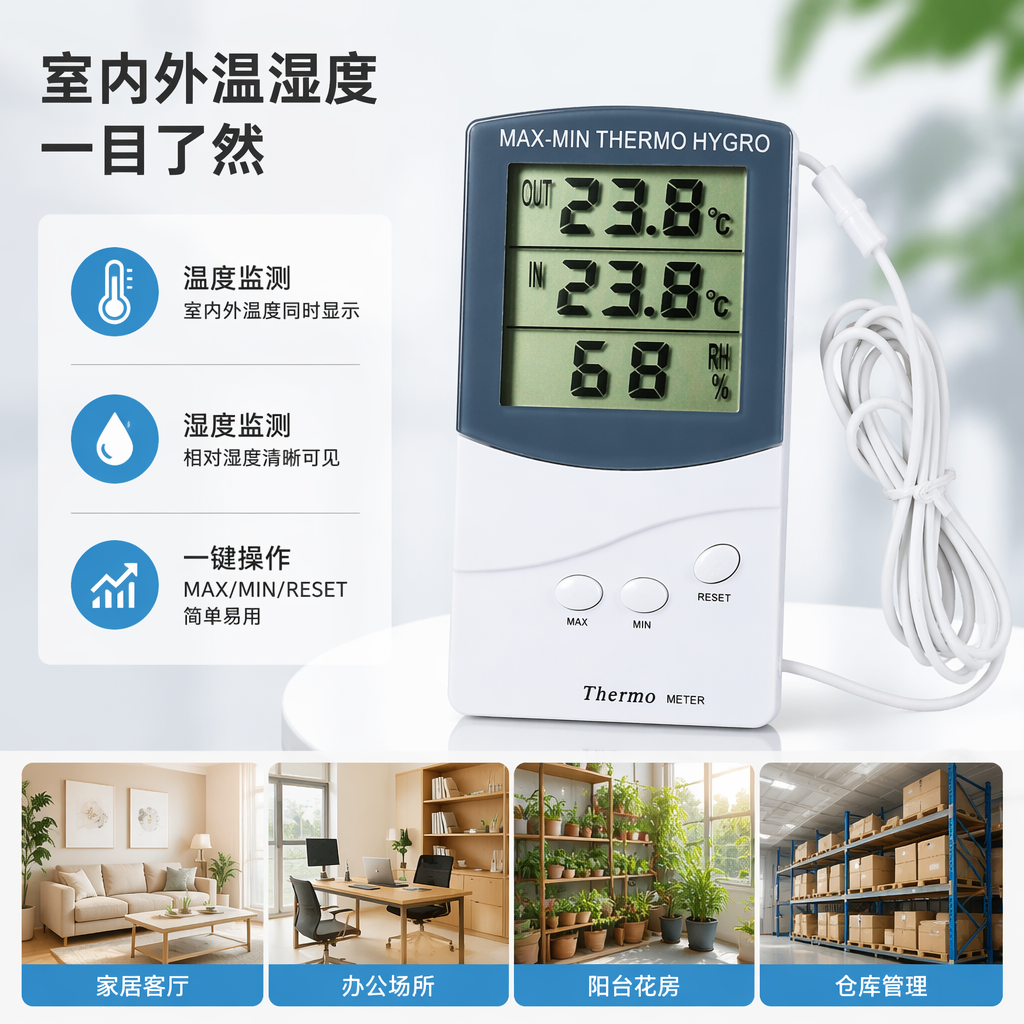 白色温湿度计带探头显示屏 数显室内环境监测仪