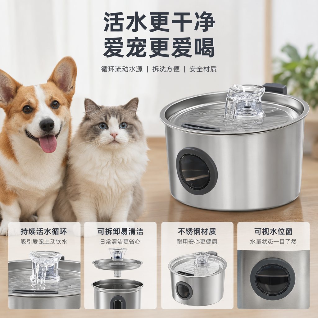 银色宠物自动饮水机静音循环过滤猫狗通用