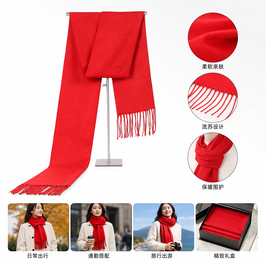 红色围巾纯羊毛加厚保暖秋冬时尚百搭女士男士通用