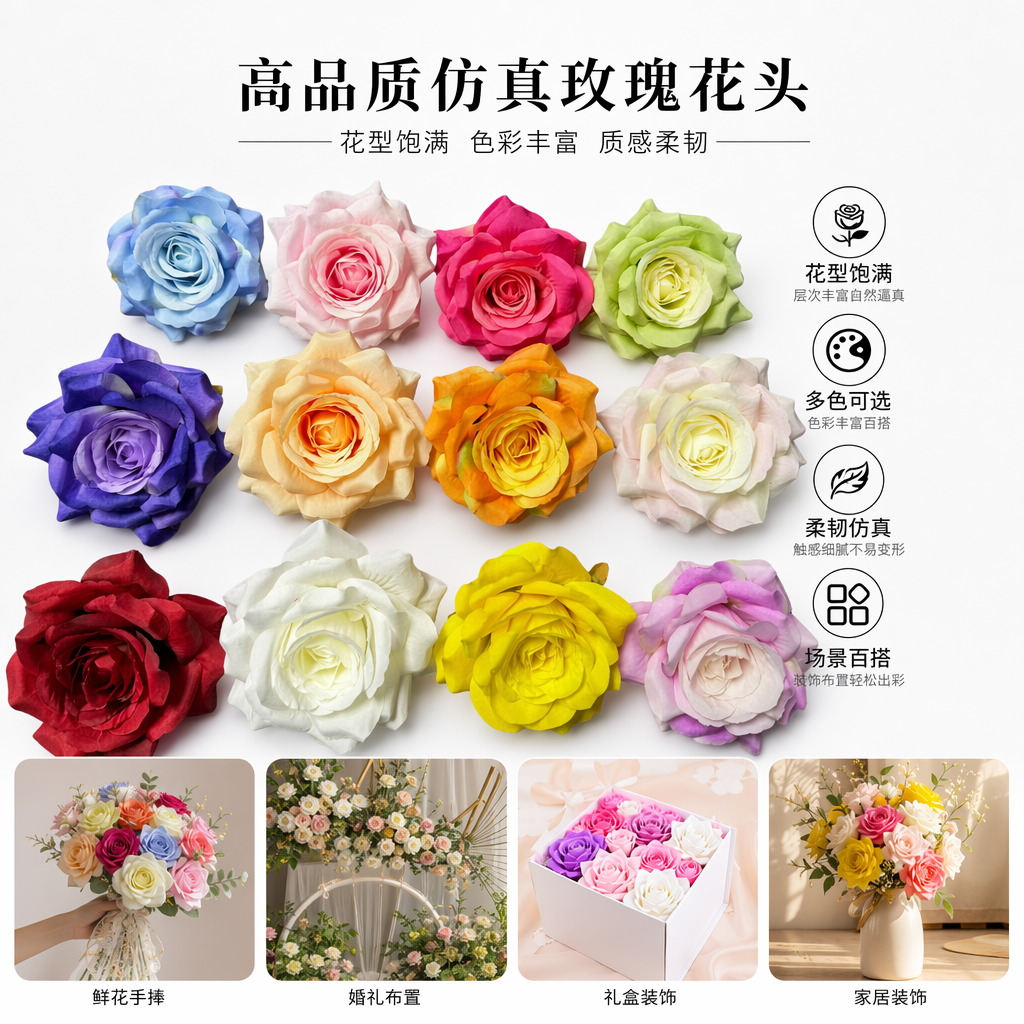 彩色人造玫瑰花仿真花束家居装饰摆件多色可选
