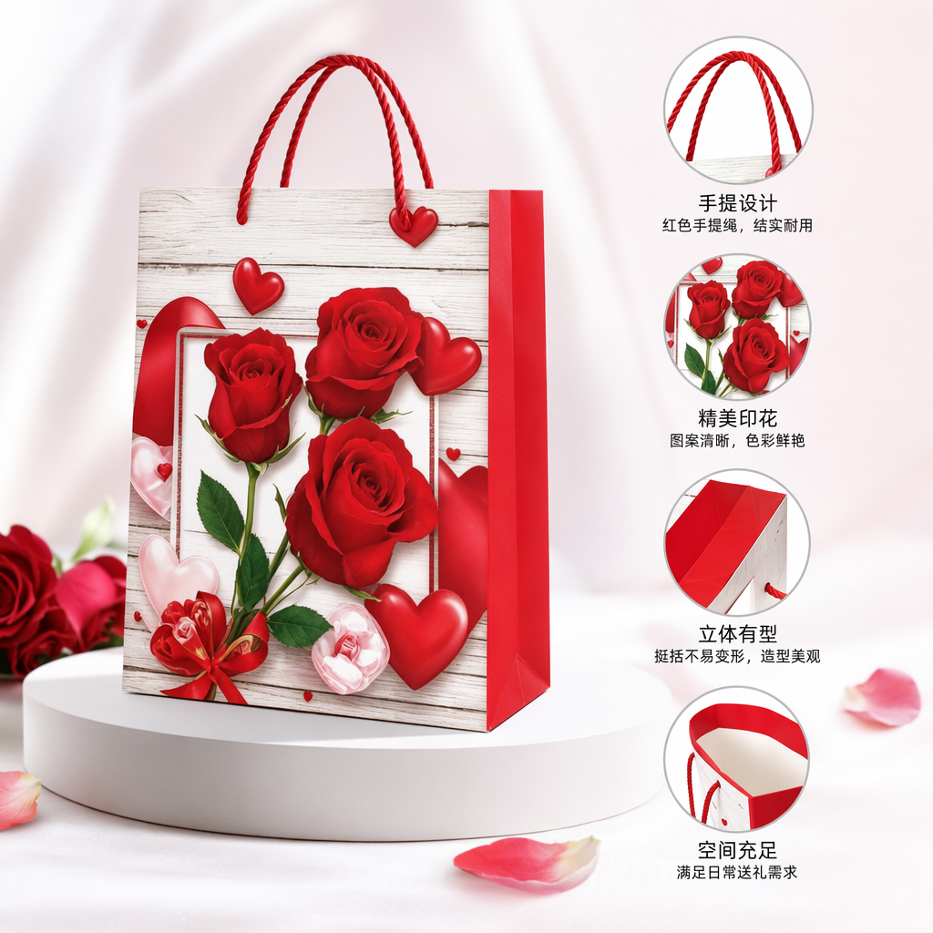 红色玫瑰爱心礼品袋 丝绒质感 手提礼盒包装袋