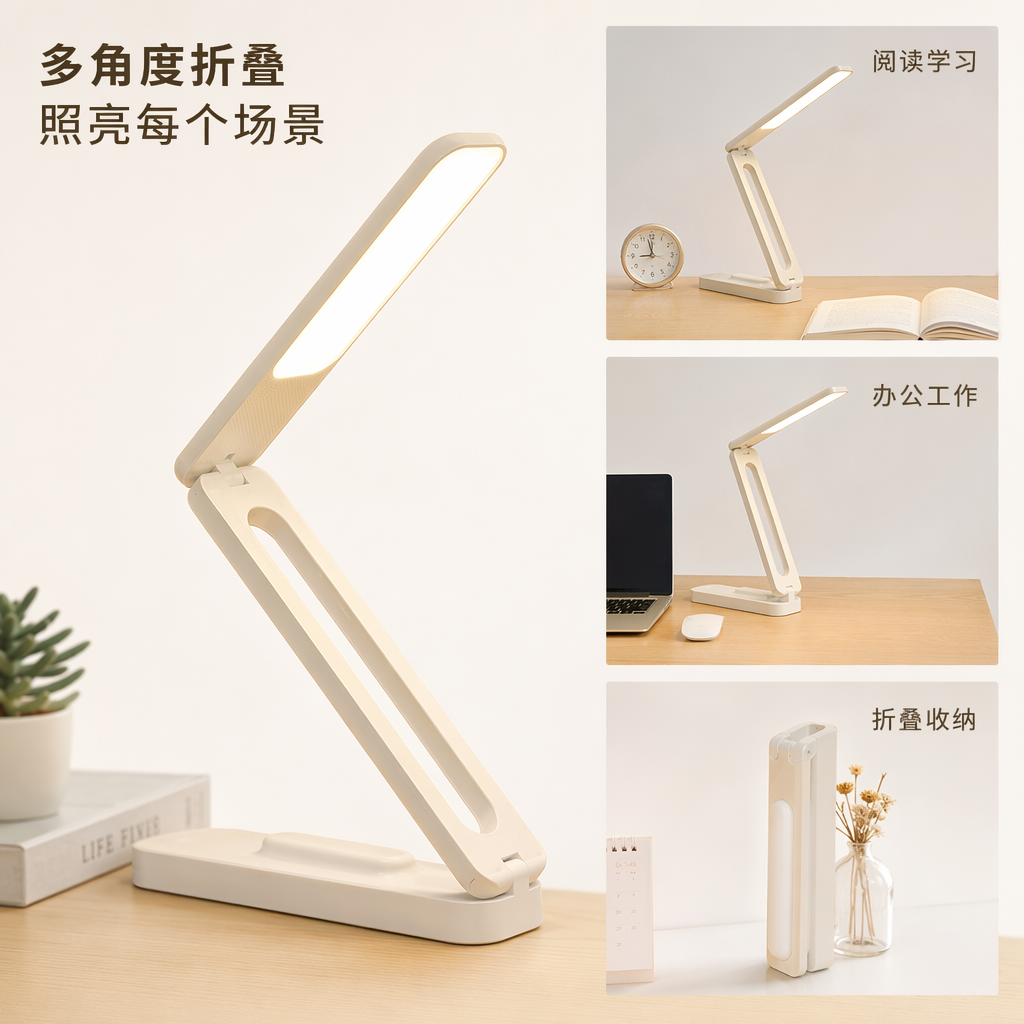 白色折叠台灯 可调光LED护眼 desk lamp 便携式床头灯