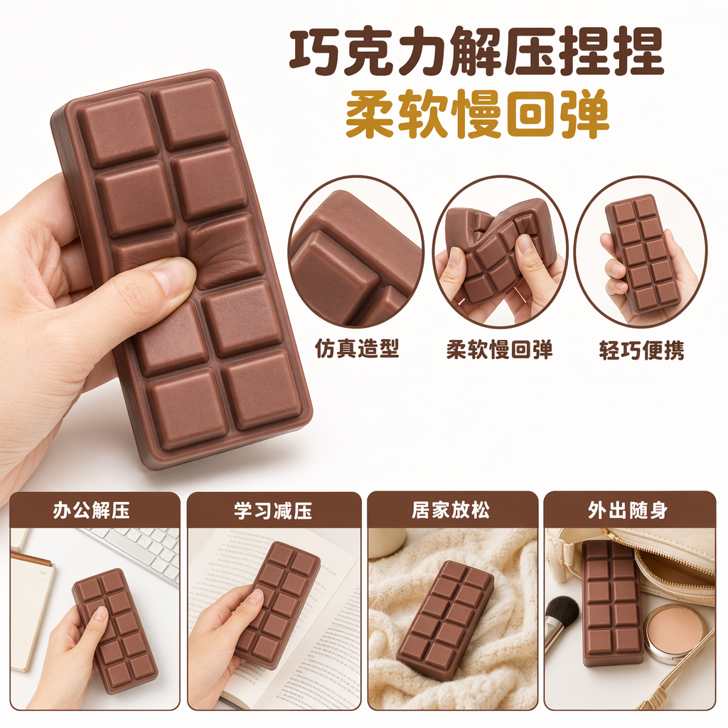 棕色巧克力条捏捏玩具盒解压减压可爱零食造型硅胶玩具