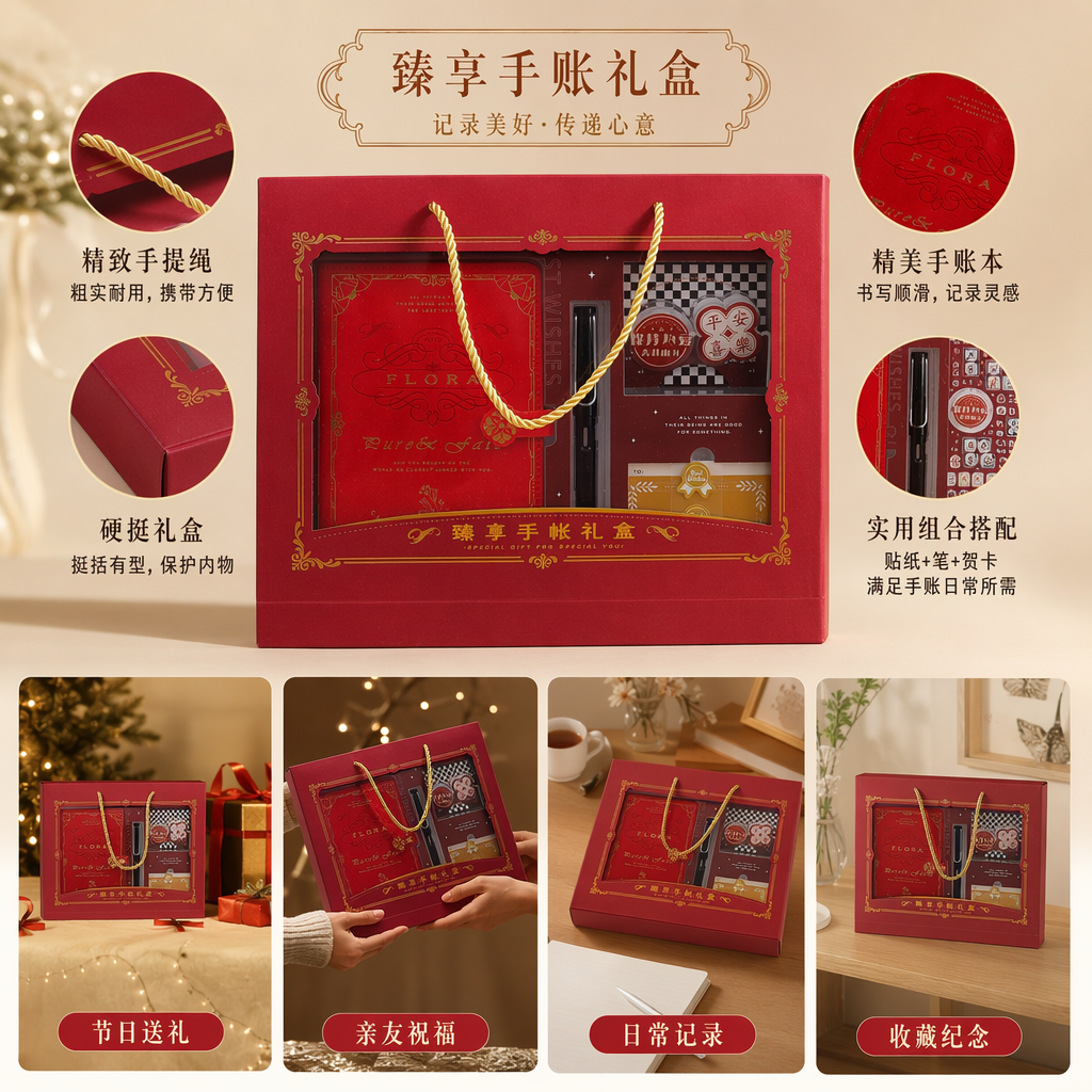 Red hand-held diary gift box with leather texture, A6 portable diary + stickers + pen set