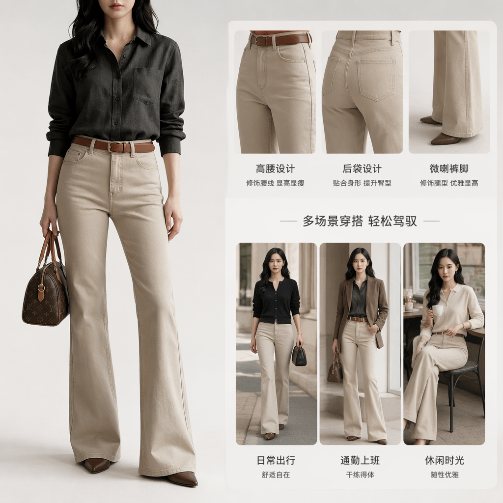 黑色衬衫搭配米色喇叭裤女性模特穿搭参考图