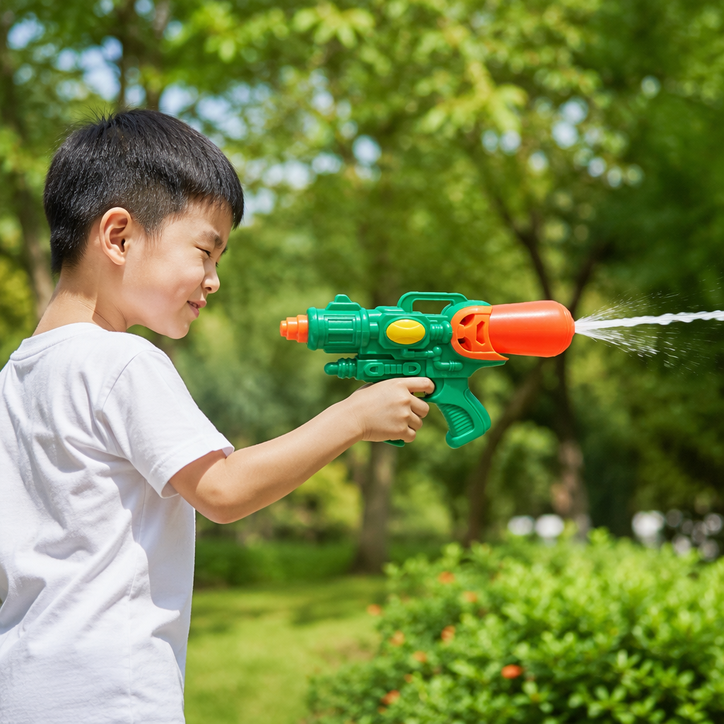 The green water gun with orange-red components is 13cm high and 24.5cm long. It comes in three colors: yellow, green, green, red, orange and green details Picture