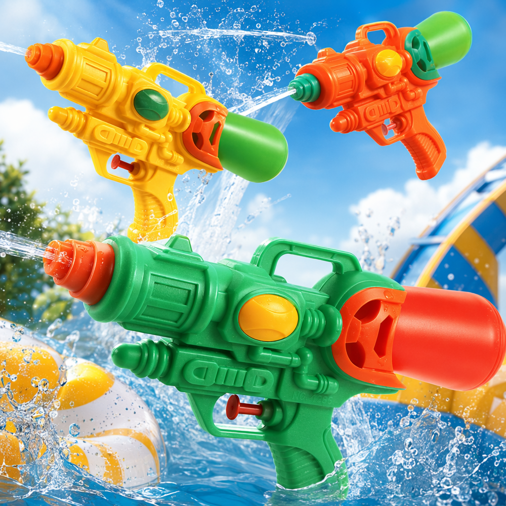 The green water gun with orange-red components is 13cm high and 24.5cm long. It comes in three colors: yellow, green, green, red, orange and green Specification image