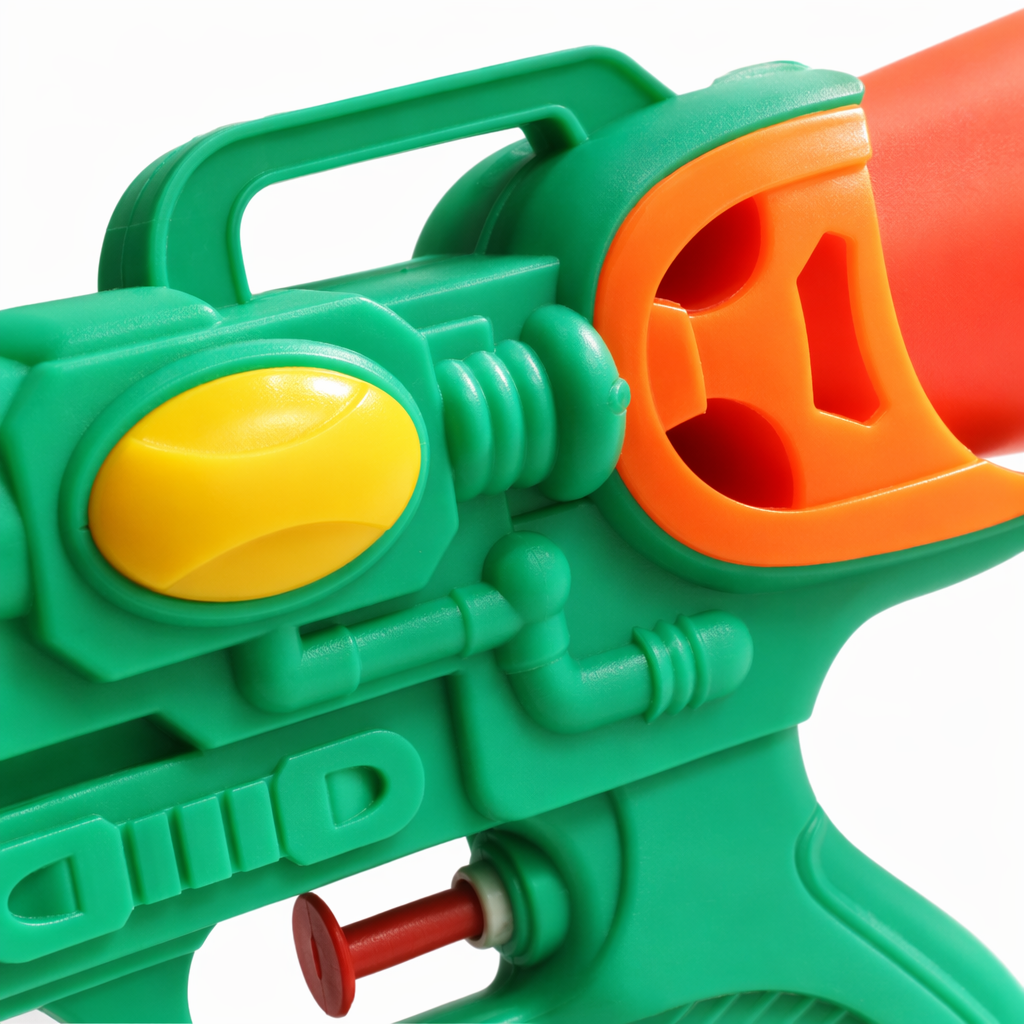 The green water gun with orange-red components is 13cm high and 24.5cm long. It comes in three colors: yellow, green, green, red, orange and green Application Scenario