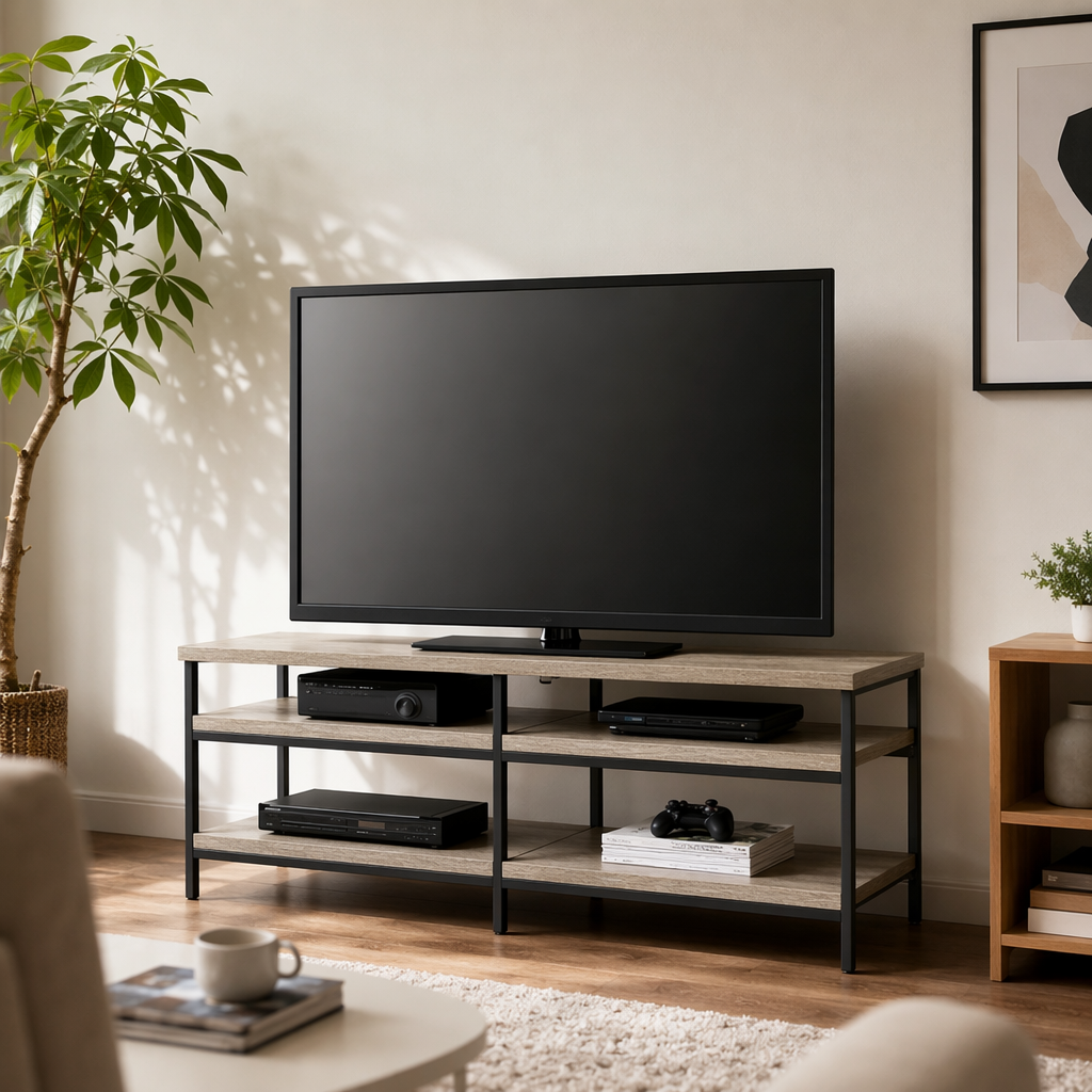 A simple and modern living room furniture combination of a black TV cabinet and a grey wood-grain countertop details Picture