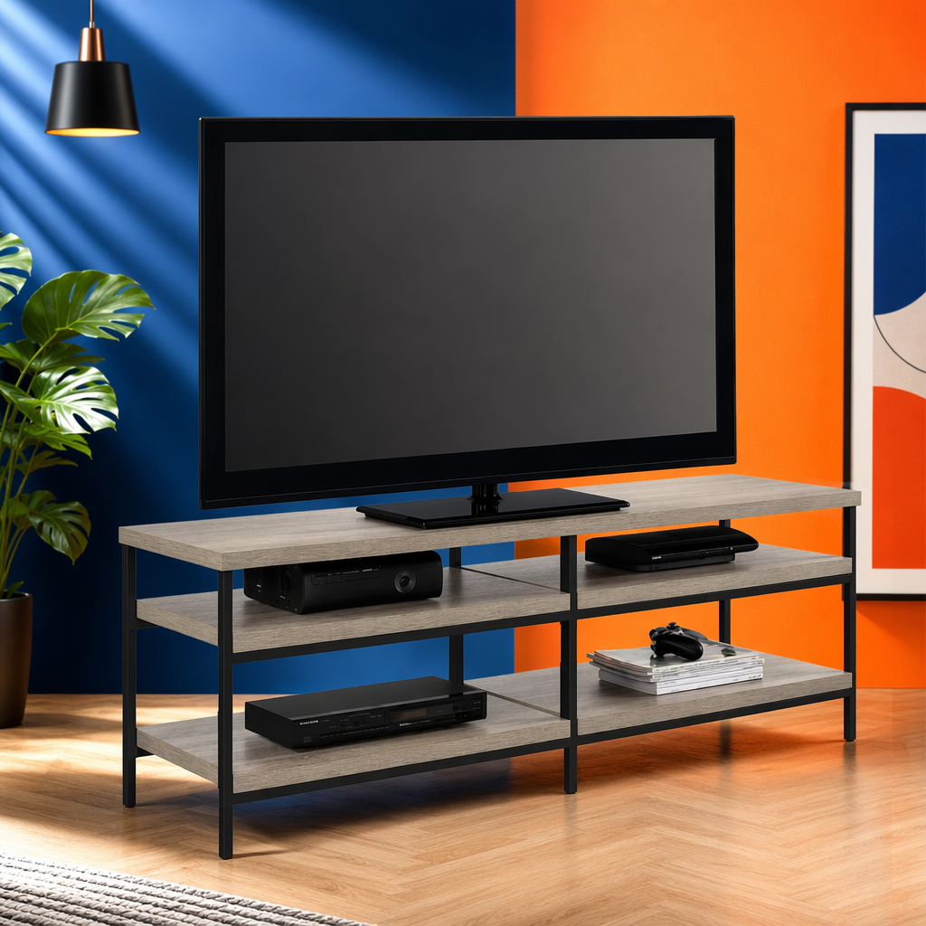 A simple and modern living room furniture combination of a black TV cabinet and a grey wood-grain countertop Specification image