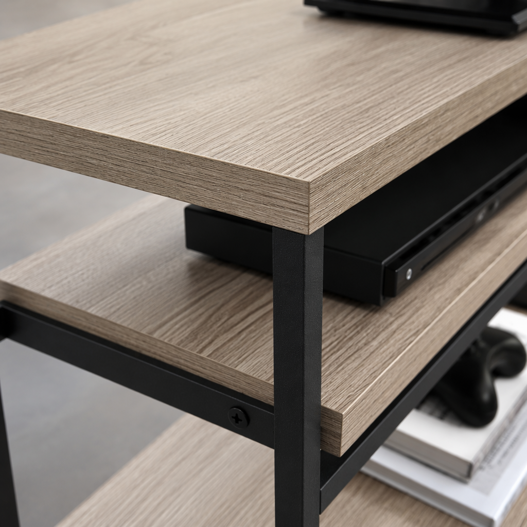 A simple and modern living room furniture combination of a black TV cabinet and a grey wood-grain countertop Application Scenario
