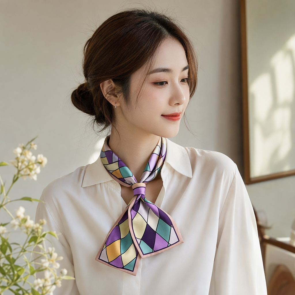 Colorful geometric patterned silk scarves are light and breathable as spring and summer accessories details Picture