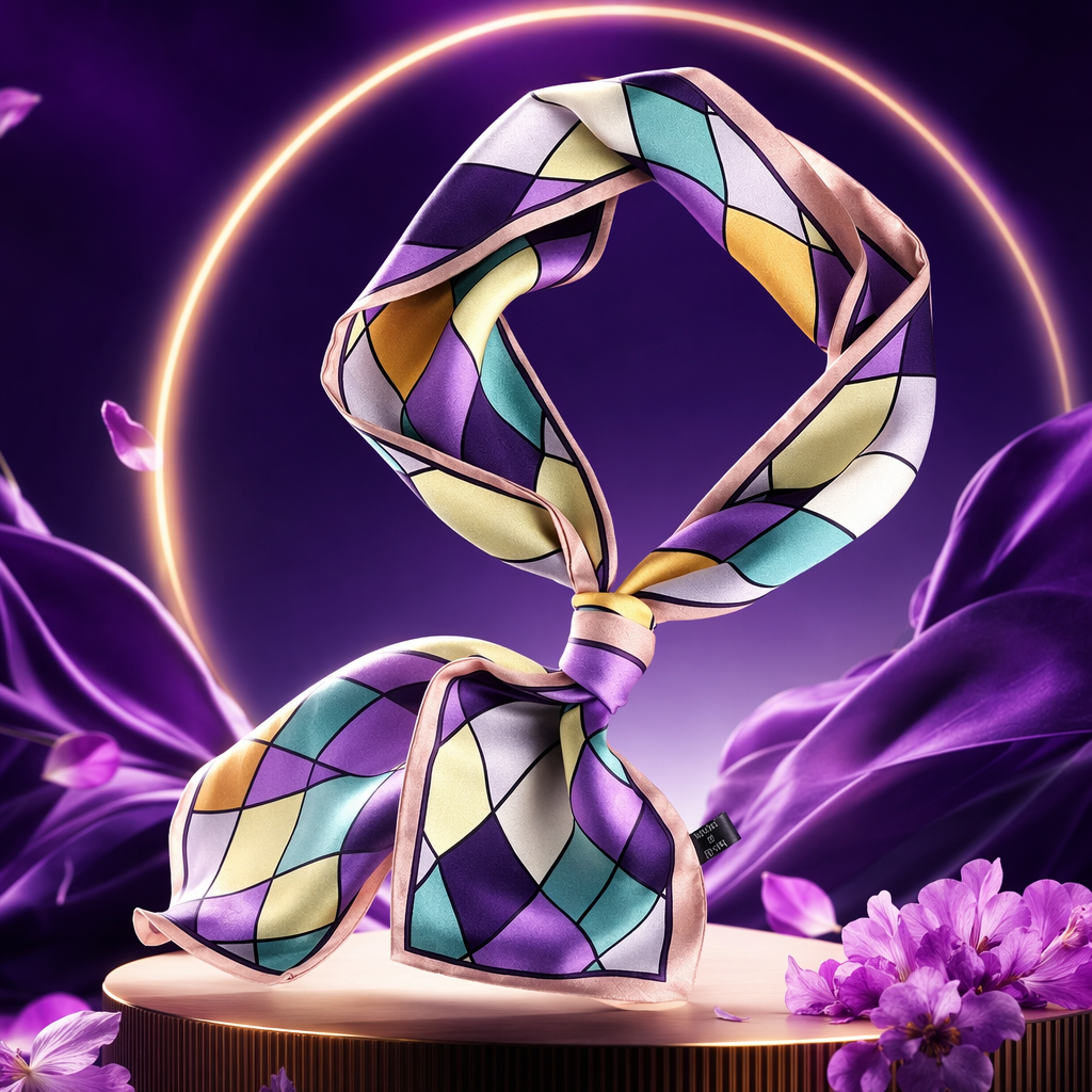 Colorful geometric patterned silk scarves are light and breathable as spring and summer accessories Specification image