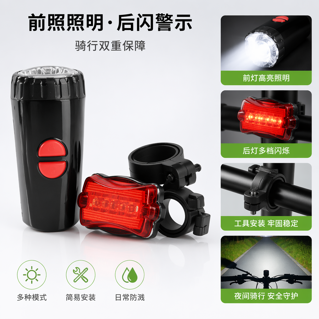 黑色头灯红色尾灯套装 骑行夜跑安全照明装备