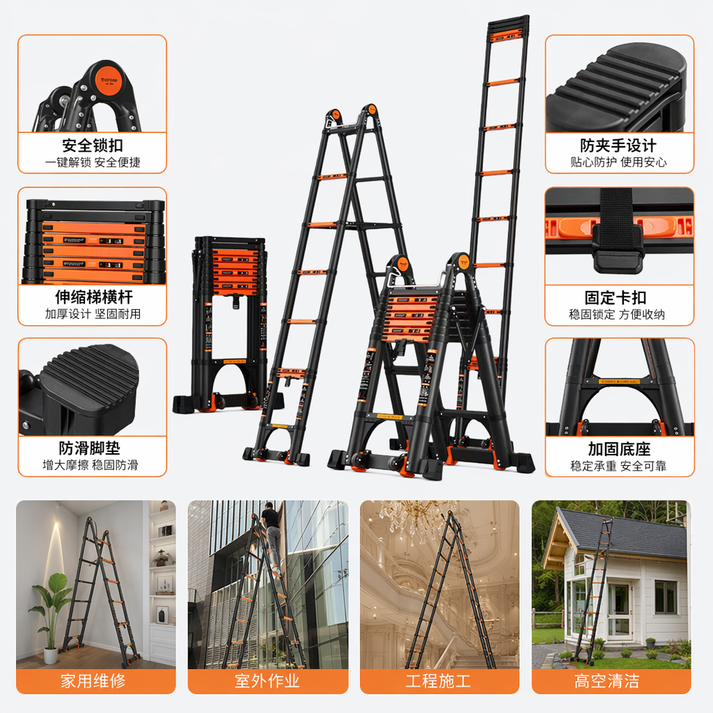 Black and orange household folding ladder, safety anti-slip aluminum alloy telescopic ladder