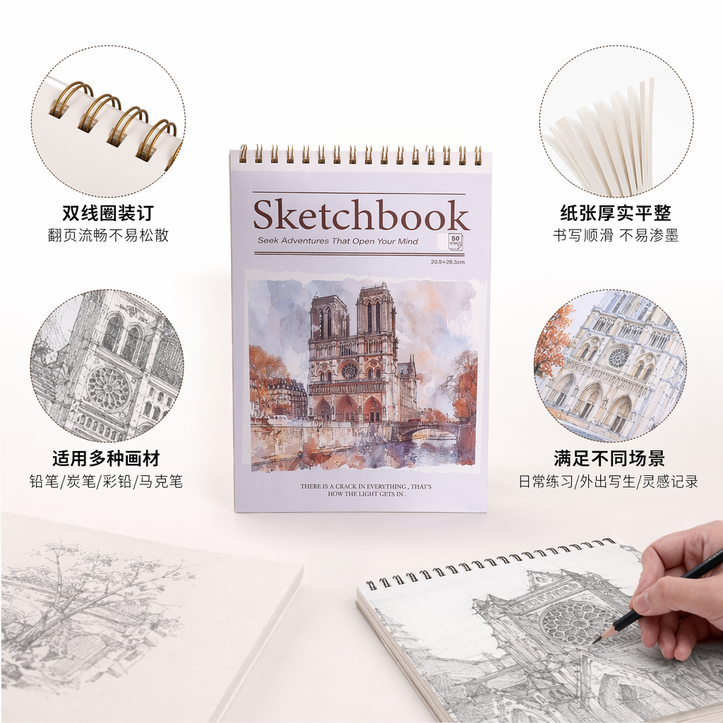 Watercolor style Sketchbook of Notre-Dame de Paris watercolor illustration cover Sketchbook