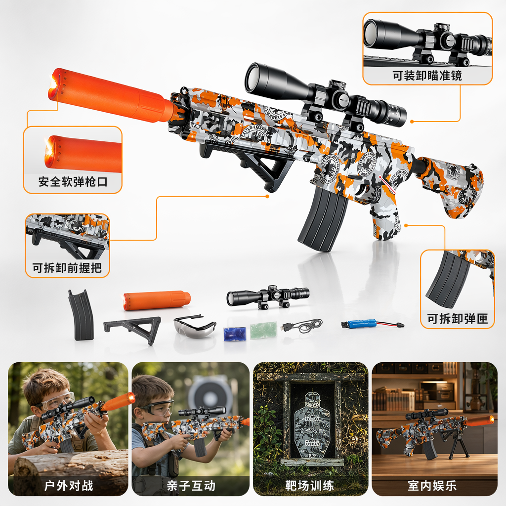 橙白迷彩水弹枪儿童玩具射击套装可连发安全软弹