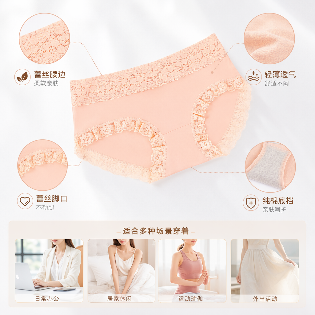 粉色蕾丝女士内裤纯棉透气舒适无痕低腰款