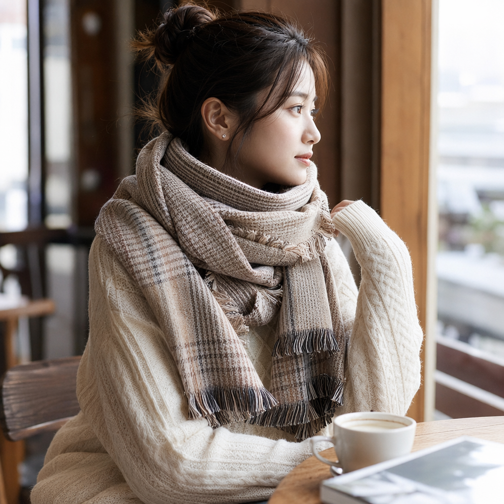 Checkered tassel scarf with figure print, a warm autumn and winter women's scarf details Picture