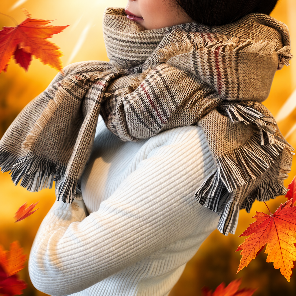 Checkered tassel scarf with figure print, a warm autumn and winter women's scarf Specification image