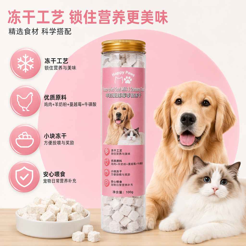 透明瓶装宠物冻干零食羊奶蔓越莓冻干