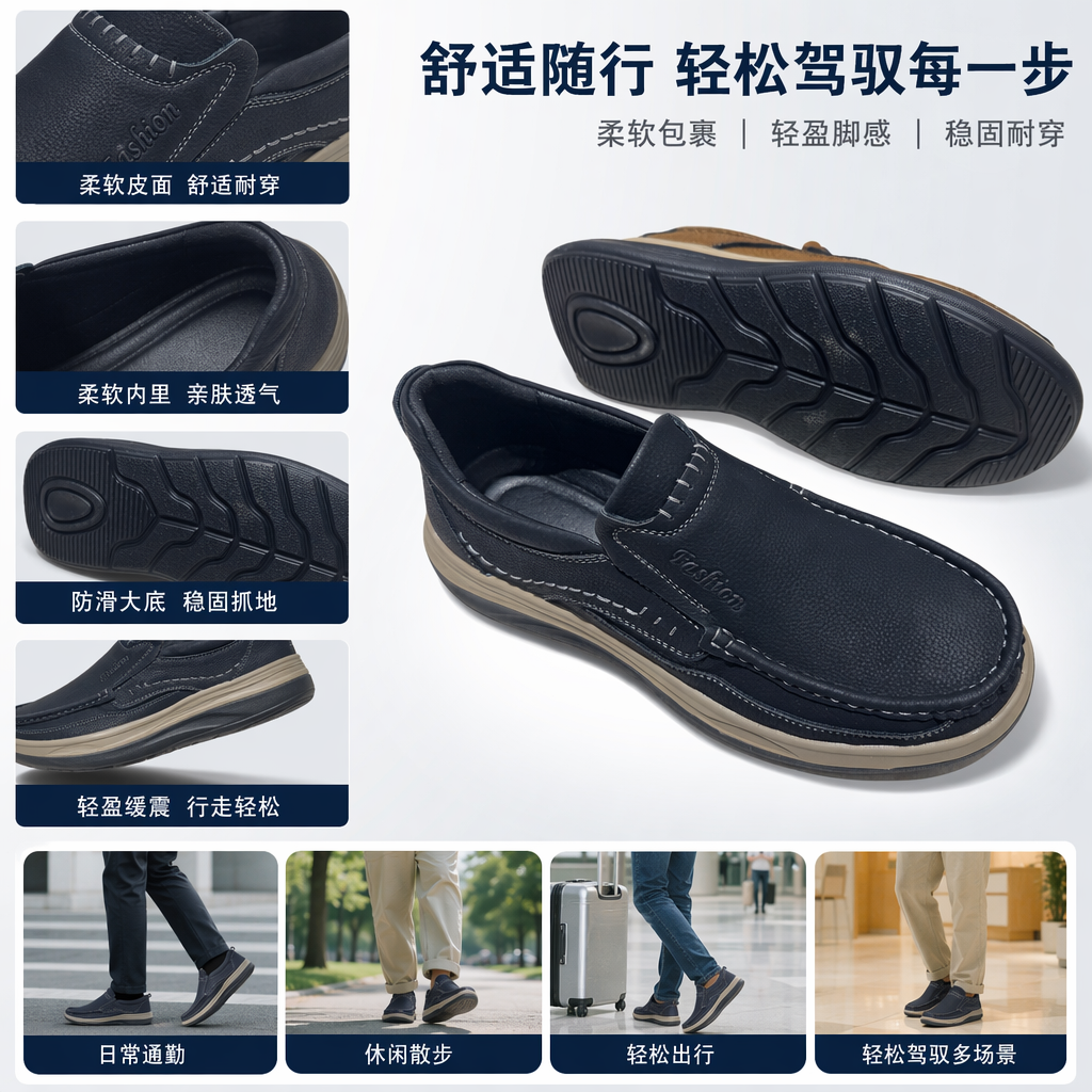 黑色皮质休闲鞋男款百搭软底透气轻便舒适