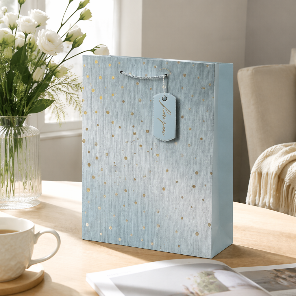 Light blue gold dot embossed gift bag, wedding birthday party packaging handbag details Picture