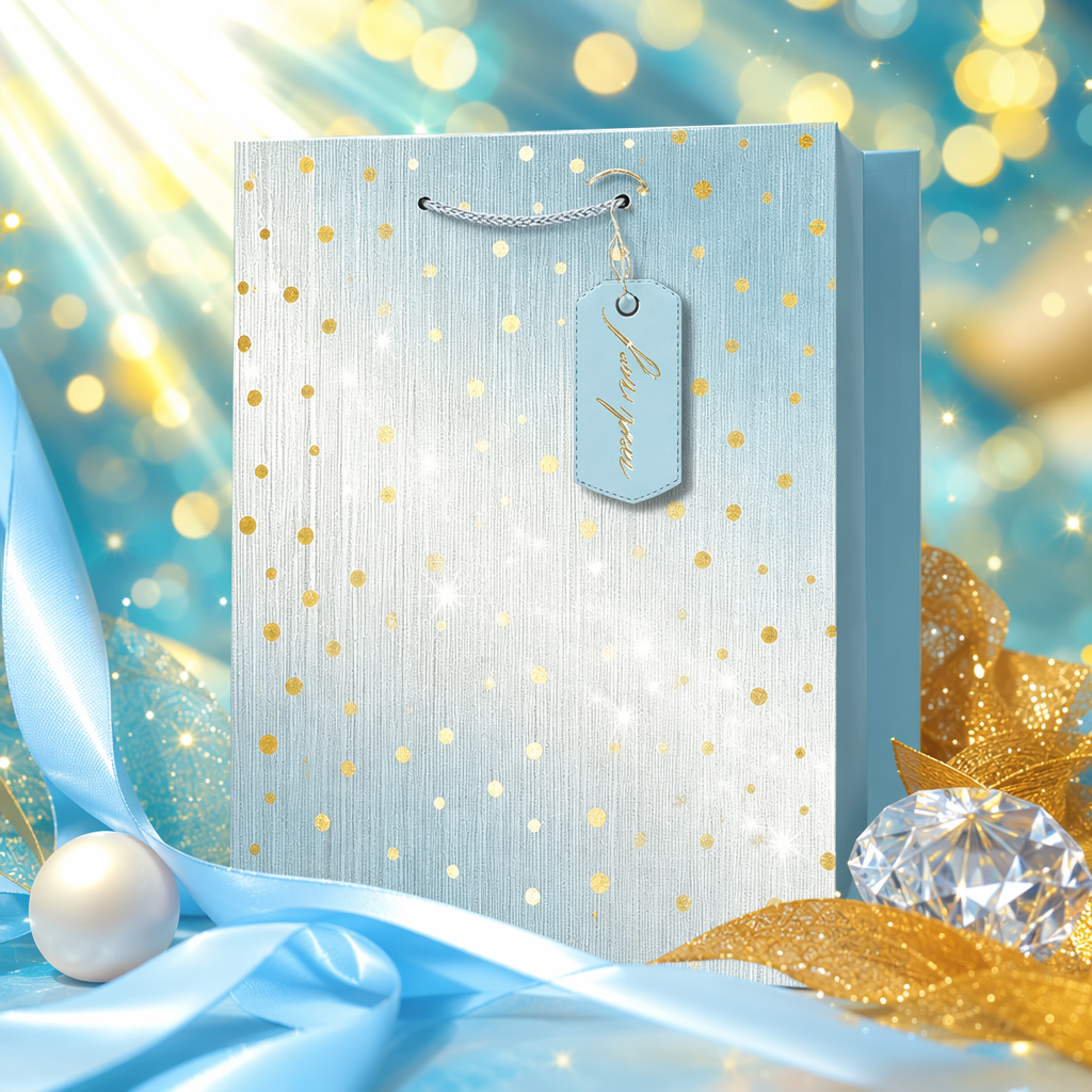 Light blue gold dot embossed gift bag, wedding birthday party packaging handbag Specification image