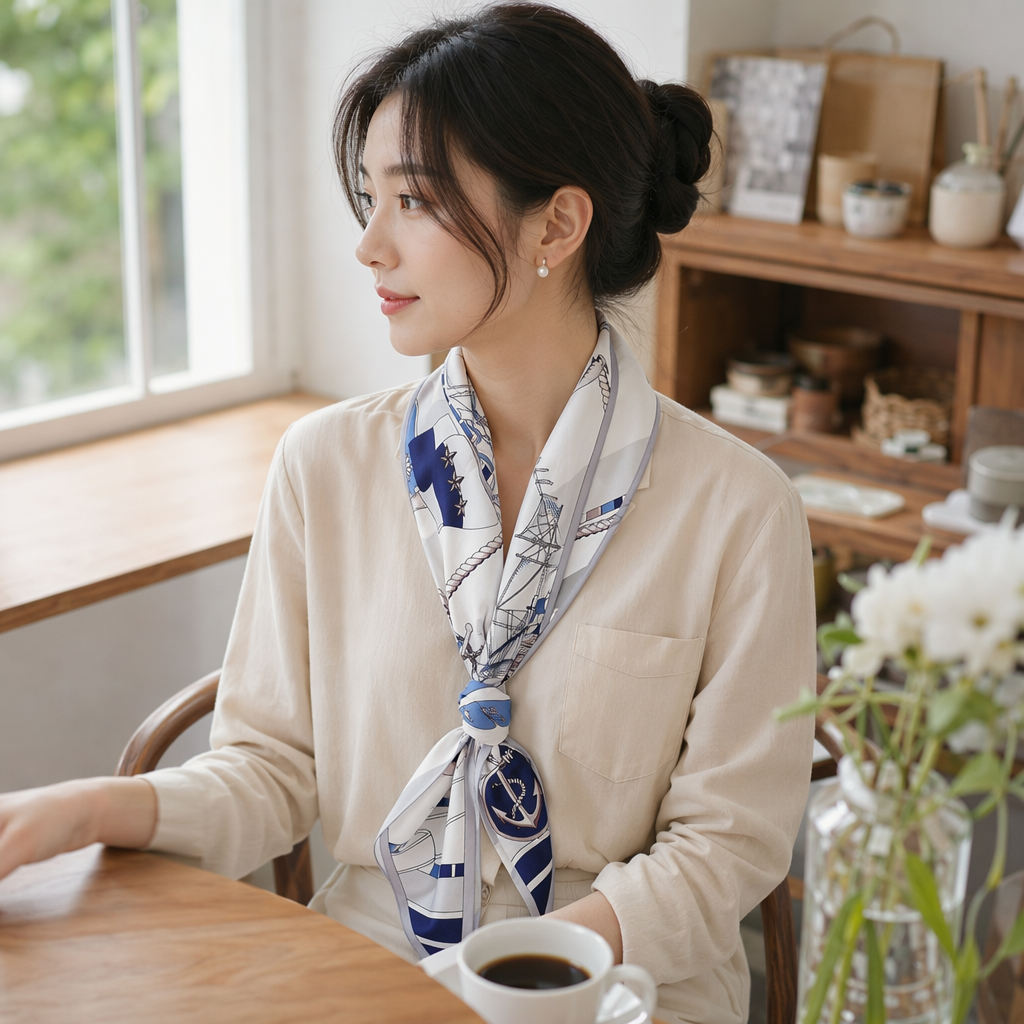 Blue and white nautical pattern silk scarf and beige top neckline matching method details Picture