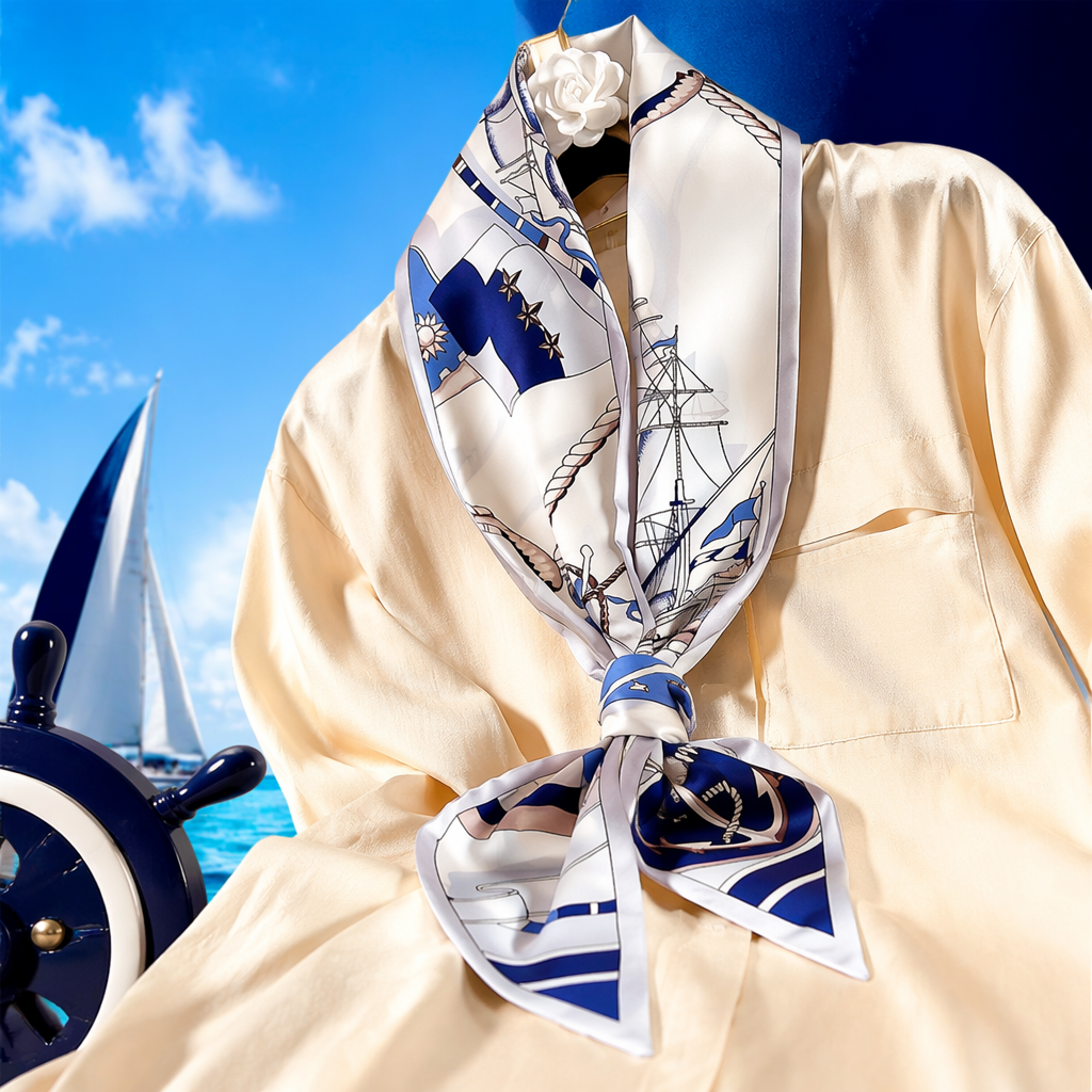 Blue and white nautical pattern silk scarf and beige top neckline matching method Specification image