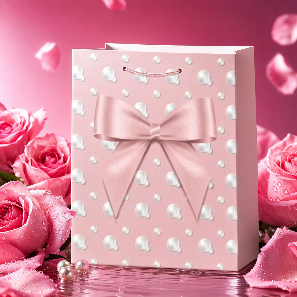Rosa azul púrpura blanco perla patrón bolsa de regalo con arco cuatro colores disponibles Specification image
