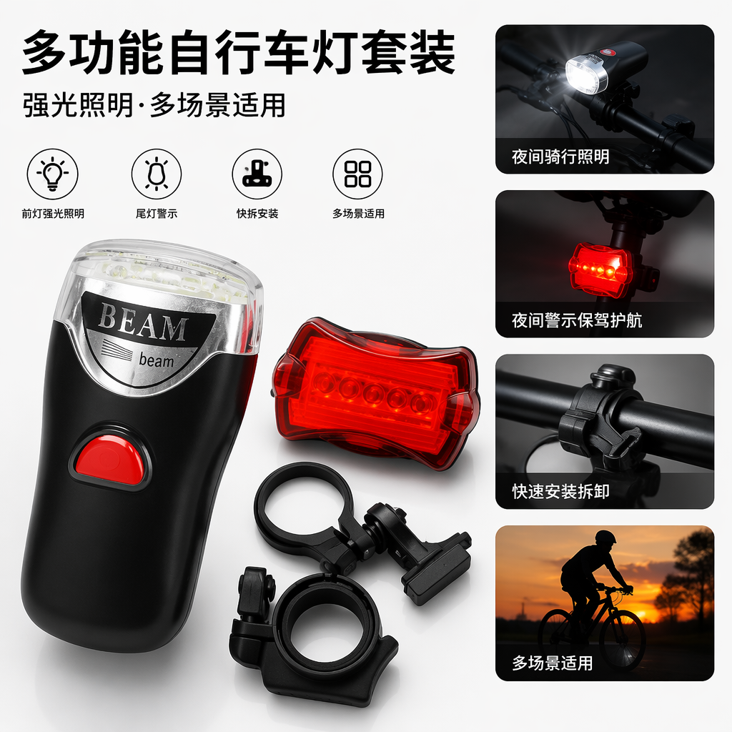 黑色头灯红色尾灯骑行安全套装