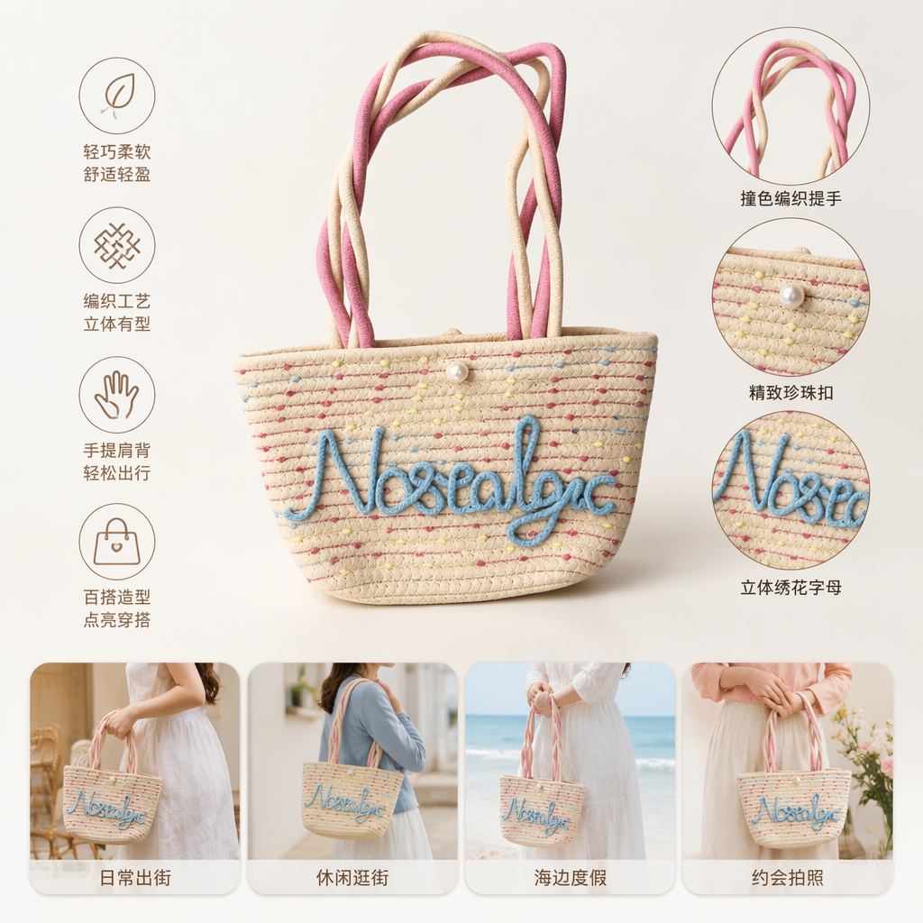 彩色条纹编织手提包正面绣蓝色Nostalgic字样粉白双色绳柄珍珠装饰