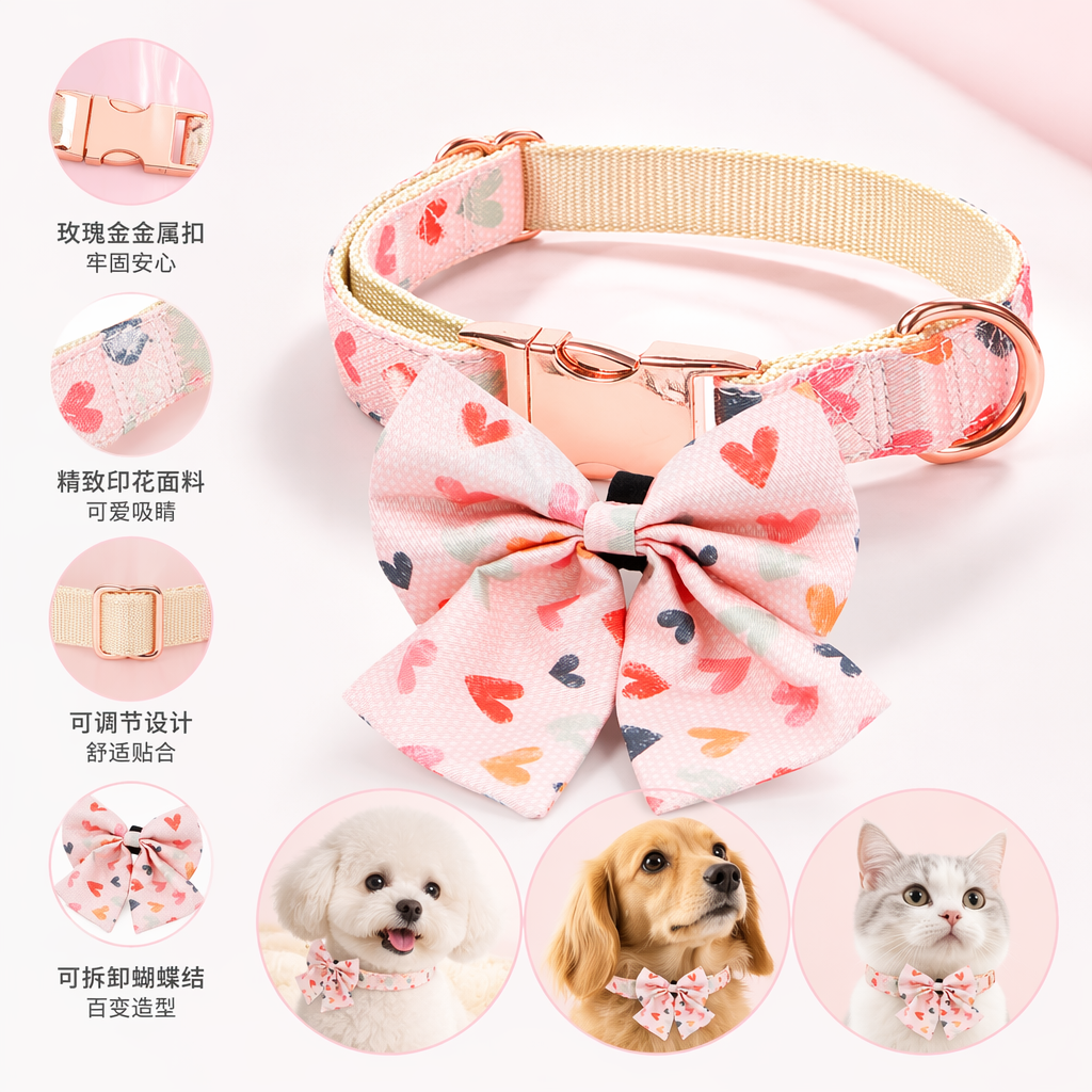 粉色心形图案宠物项圈配蝴蝶结 可调节猫咪狗狗专用