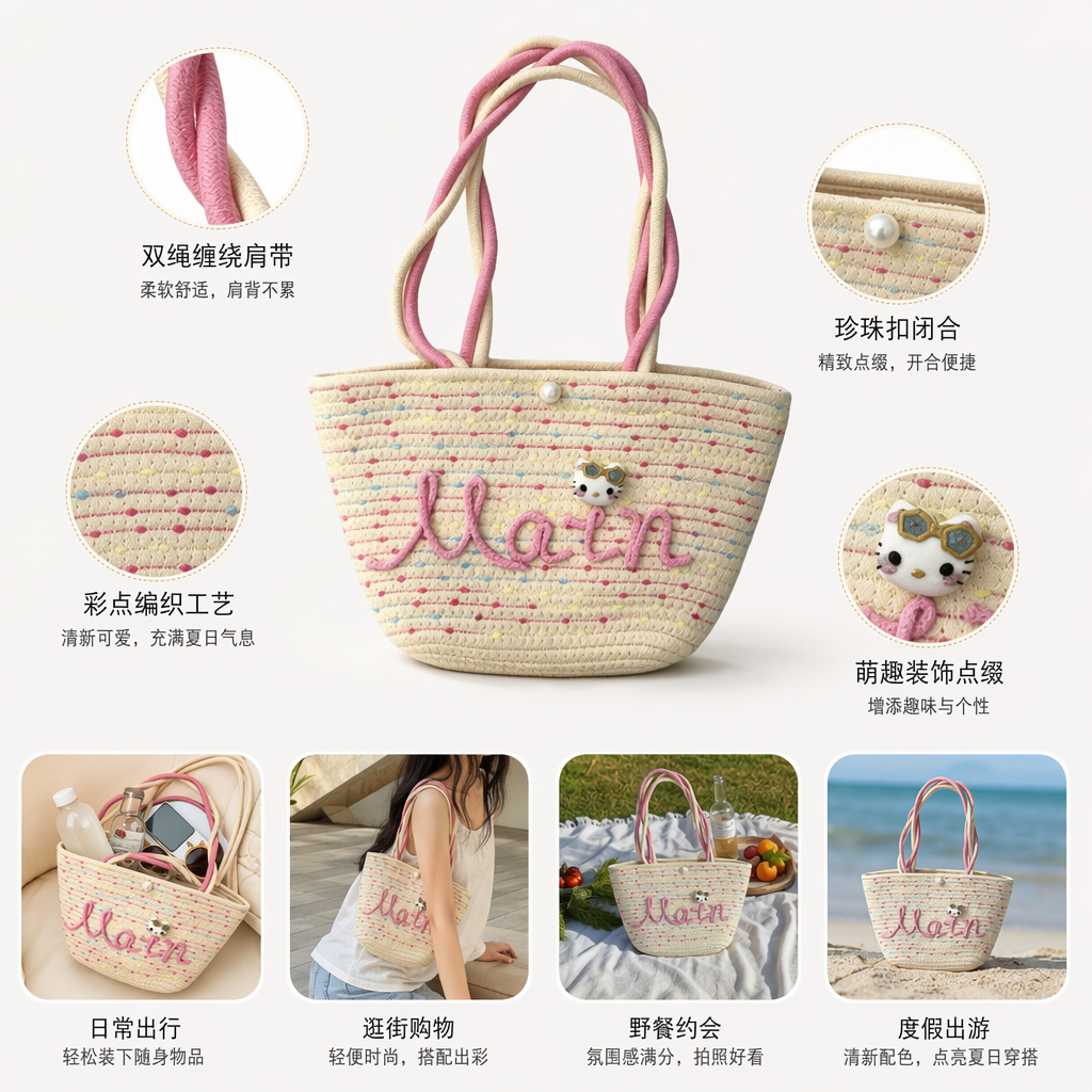 彩色条纹编织手提包粉色米白双色绳手柄绣Main字HelloKitty珍珠徽章