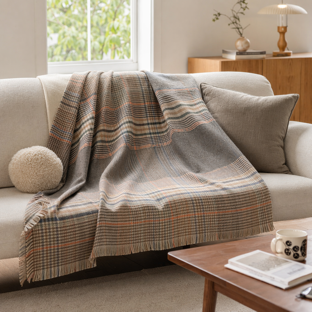 The beige checkered pure cotton scarf is warm, fashionable and versatile for autumn and winter details Picture